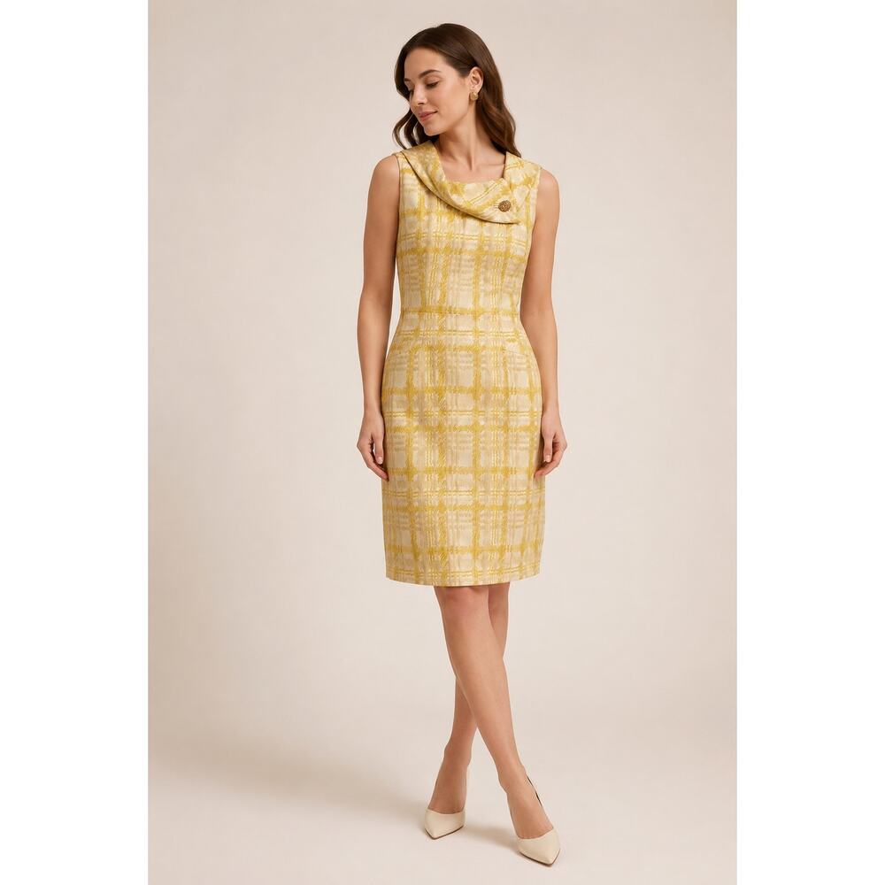 Tahari Arthur S. Levine Yellow Plaid Jacquard Sheath Dress Size 2